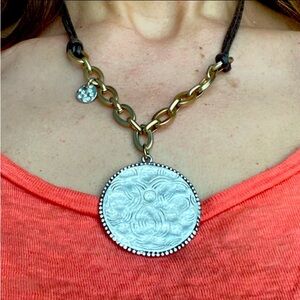 Chico's Gold Tone with Brown Cord Hammered Metal Silver Tone Pendant Necklace